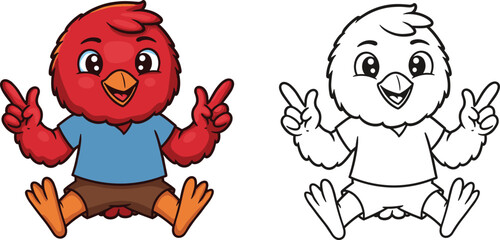 Cartoon red bird character making peace signs, cheerful expression, blue shirt, outline and colored version, kids coloring page illustration