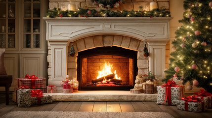Fire crackles in stone fireplace surrounded by colorful gifts and decorated Christmas tree. Cozy holiday atmosphere in warm living room. Concept of home decor, holiday celebration, family gatherings