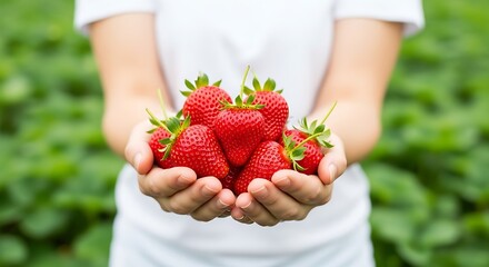 Child s hands gently holding a fresh harvest of ripe strawberries