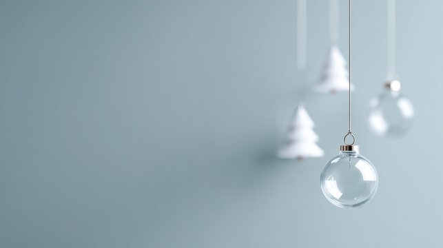minimalist abstract Christmas background, pastel blue with suspended trees and clear baubles, festive winter holiday vibe