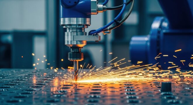 Closeup of a robotic arm performing precision cutting on a metal surface, generating bright sparks and showcasing advanced manufacturing technology