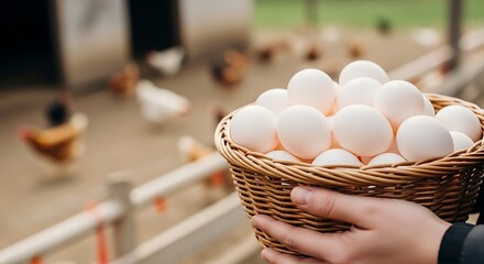 Freshly harvested white eggs in a wicker basket on a farm