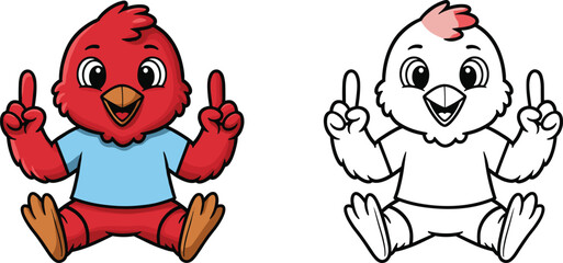 Cartoon red bird character pointing upward, cheerful expression, blue shirt, outline and colored version, kids coloring page, educational drawing activity illustration