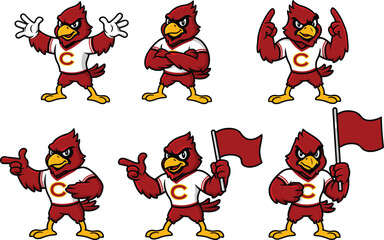 Cartoon red cardinal mascot in athletic uniform, six expressive poses, strong team spirit, sports character illustration, kids educational coloring page design