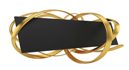 Elegant 3D rendering of a black rectangular banner surrounded by flowing golden abstract ribbons, ideal for modern design and special event announcements