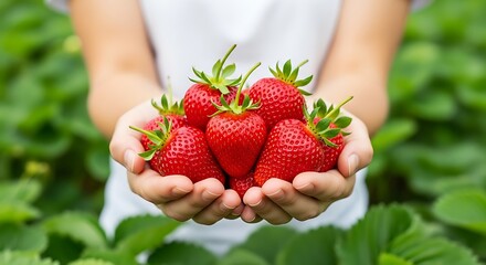 Hands holding a fresh harvest of ripe red strawberries in a field