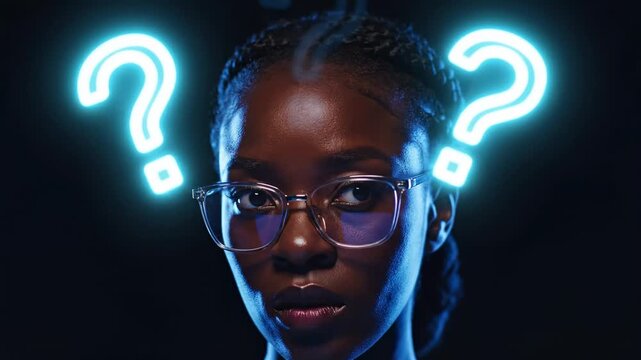 Puzzled african american woman with glasses thinking hard as glowing blue neon question marks appear and swirl around her head, conceptualizing doubt, stress, burnout, and information overload