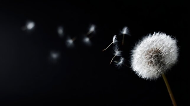 dandelion with seeds blowing away in the wind, black background, delicate and detailed, floating seeds