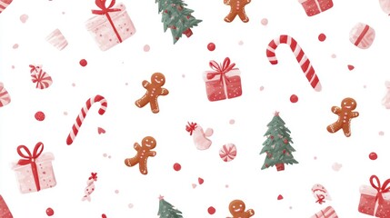 hand drawn Christmas pattern, bright holiday elements, Christmas trees, candy canes, bows, gifts, gingerbread men, cheerful cartoon background
