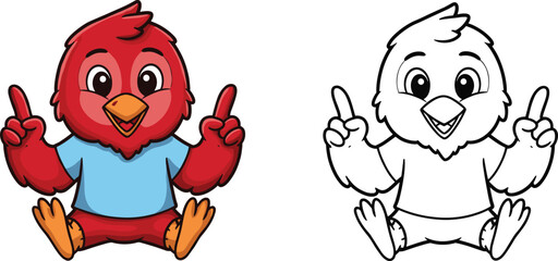 Cartoon red bird character pointing upward, cheerful expression, blue shirt, outline and colored version, kids coloring page, educational drawing illustration