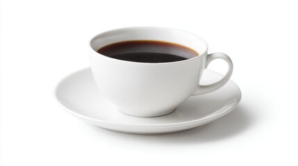 close-up white cup containing dark coffee, isolated on white background, commercial product photography