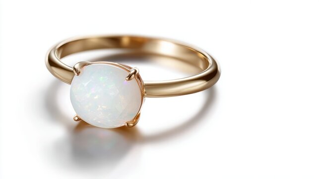 white opal ring isolated on white background, clean product shot, high-detail jewelry photography