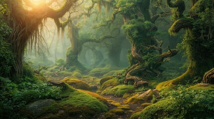Sunlight filters through a vibrant forest, illuminating moss-covered trees and lush undergrowth.
