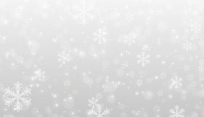 Snowfall Christmas background. Subtle flying snow flakes and stars gray white gradient background. Beauteous winter silver snowflake overlay template. Simple background for christmas.