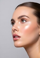 Fototapeta premium Close Up Side View of Young Woman Face with Glowing Skin and Natural Makeup for Beauty Concept