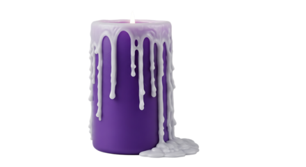 Burning Purple Candle with White Dripping Wax on White Background