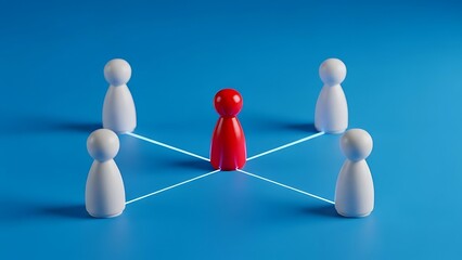 Distinctive red individual leading a collaborative network of white figures, embodying strategic importance, central influence, and unique identity within a team structure