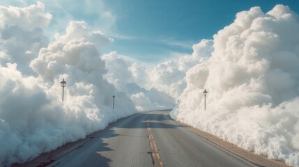 Road's journey through ethereal cloudscapes, lamp posts marking a path into the dreamy skies.