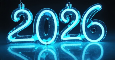 Bright neon numbers display year 2026. Reflective surface creates glowing visual effect. Futuristic design, dark background.