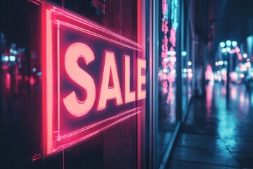 Bright neon sale sign glowing in urban environment attracting customers and shoppers
