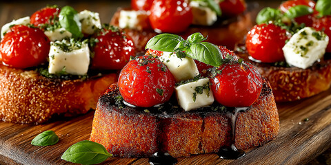 Fototapeta premium バジルペーストとバルサミコ酢をかけた自家製クロスティーニ