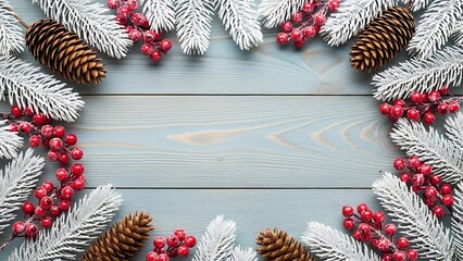 Festive winter holiday background with snow-dusted fir branches, vibrant red berries, and natural pine cones framing a light blue wooden surface, perfect for seasonal designs