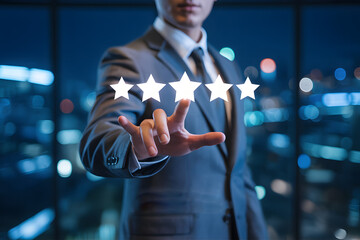 Professional businessman giving five-star rating with a tap, showcasing excellent service quality and customer satisfaction in a modern corporate setting, symbolizing premium performance