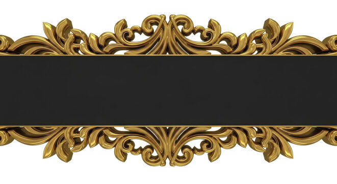 Golden Decorative Scrollwork Banner with Black Rectangle for Text or Design Elements on White