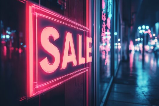 Bright neon sale sign glowing in urban environment attracting customers and shoppers