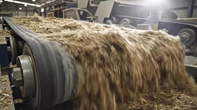 Industrial conveyor belt transporting wood chips and biomass material in a processing plant