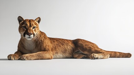 Obraz premium A cougar lying down on a white surface looking directly at the camera in a studio setting