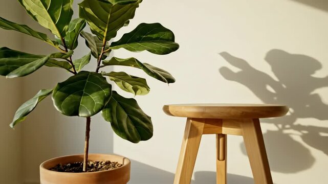 Potted fiddle leaf fig tree and wooden stool illuminated by warm sunlight indoors
