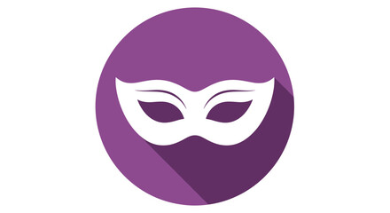 A flat design icon of a white masquerade mask on a purple circular background with a long shadow.