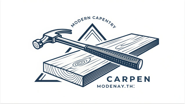 “Modern carpentry logo — geometric wood plank + hammer combination mark — simple professional vector for branding.”