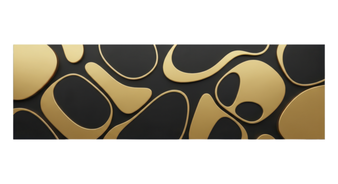Luxurious 3D golden organic shapes create a modern abstract pattern on a deep black background. Ideal for elegant decorative art, stylish interiors, or sophisticated digital use