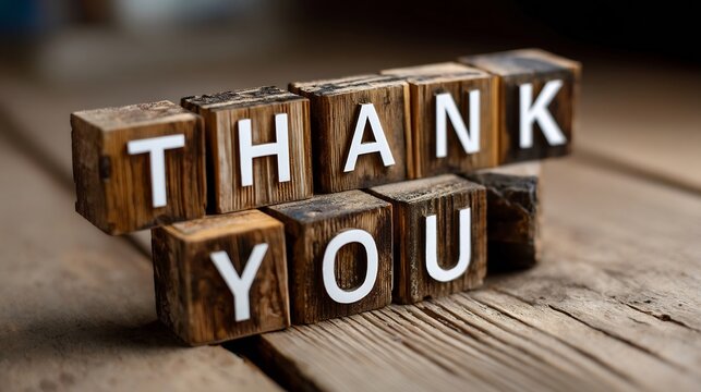 Artistic rustic wooden blocks displaying the gratitude phrase 'Thank You' on wooden surface