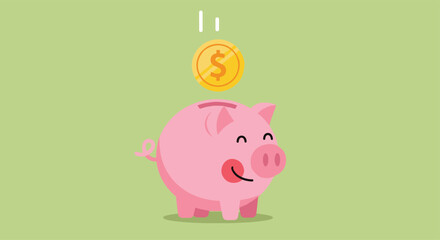 Cartoon pink piggy bank with a gold coin dropping into its slot on a plain green background.