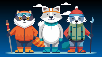 Polar bear, cat, fox, ski suits, ski poles, snowboard, mountains, snow, ice, overalls, goggles, equipment, hats, boots, bags, sneakers, trainers, football boots, sweater, scarf, earplugs