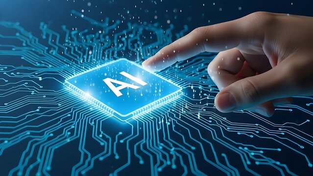 Human hand touching a glowing AI microprocessor on a circuit board, symbolizing the future of technology and artificial intelligence