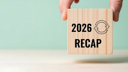 2026 recap on a wooden block with arrows showing recycle