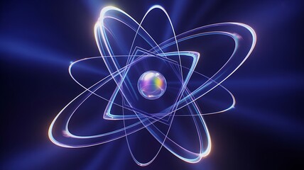 Abstract Atom Structure with Nucleus and Orbitals on Dark Blue Background