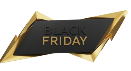 Elegant three-dimensional graphic design featuring a modern black badge with striking golden accents, symbolizing a grand seasonal shopping event and exclusive limited-time offers