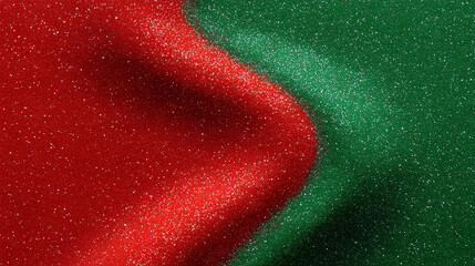 Red and green glittery fabric creating a shimmering surface ideal for Christmas decorations. Captivating sparkles enhance holiday spirit. Concept of craft supplies, event planning, festive decor