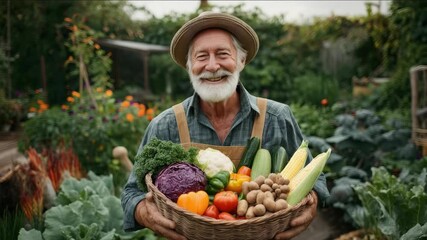 Happy bearded grandfather holding a basket with a fresh autumn harvest of vegetables - Powered by Adobe