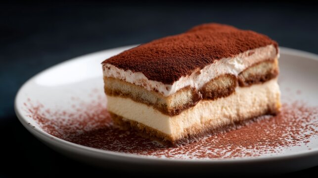 Deliciously rich and creamy tiramisu served on a sleek white plate. This classic dessert features layers of coffee-soaked ladyfingers and mascarpone. Perfect for sweet moments. AI