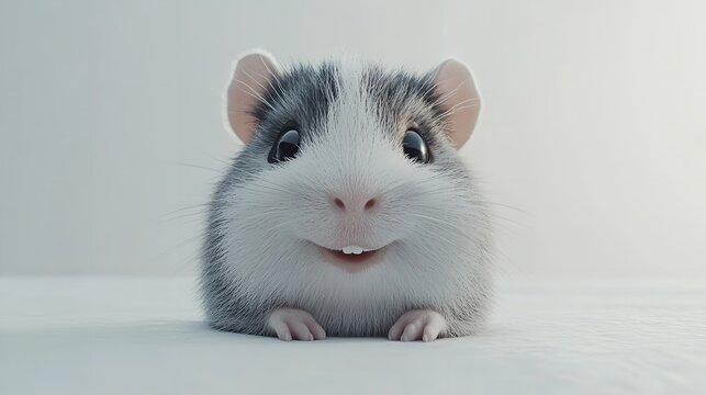 Close up shot of a guinea pig with white and gray fur against a white background looking at the camera
