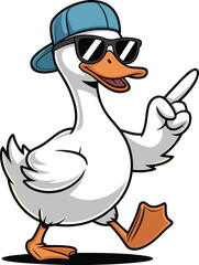 Cool cartoon duck, backward cap, sunglasses, confident pose, playful character, walking motion, black vector, fun mascot, stylish bird, attitude