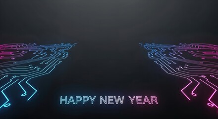 Happy New Year greeting with glowing neon circuit board lines in blue and pink on a dark background, digital technology concept.