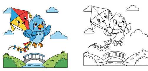 Cute cartoon blue bird flying with colorful kite vector illustration. Adorable happy animal character playing in sky over river bridge and green nature.