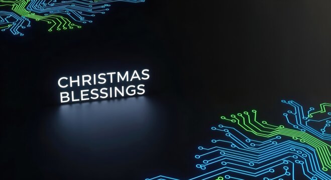 CHRISTMAS BLESSINGS glowing text on a dark background with futuristic blue and green circuit board patterns, digital holiday greeting